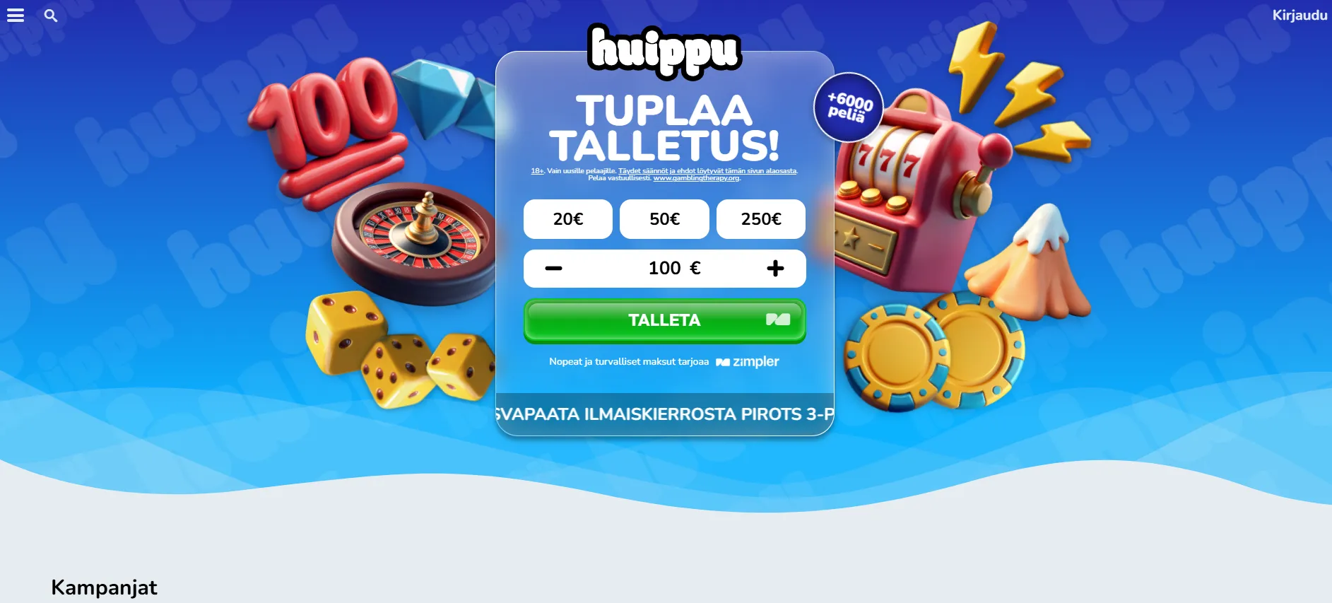 Huippu Kasino: 1 200 euroa ja 75 ilmaiskierrosta ilman kierrätystä